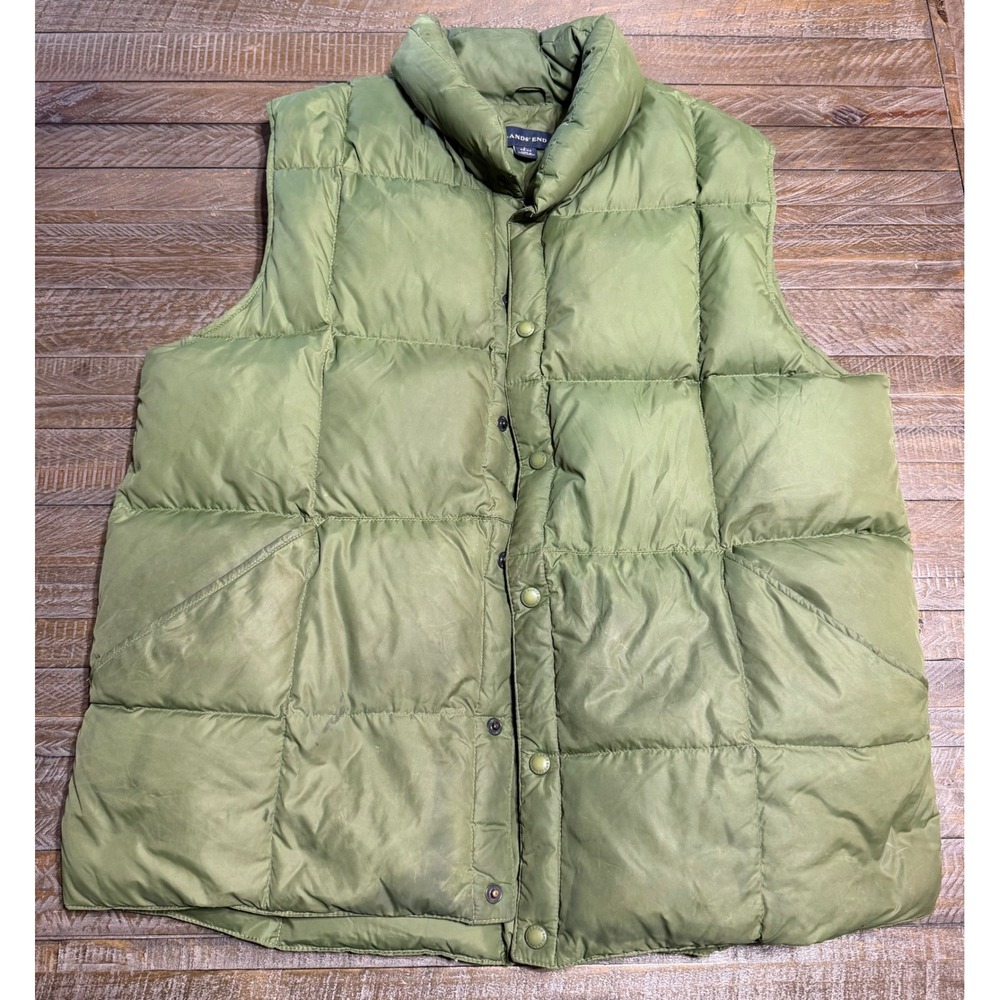 Lands' End Puffer Vest Large 42-44 Olive Green Good Down Filled Quilted Preloved